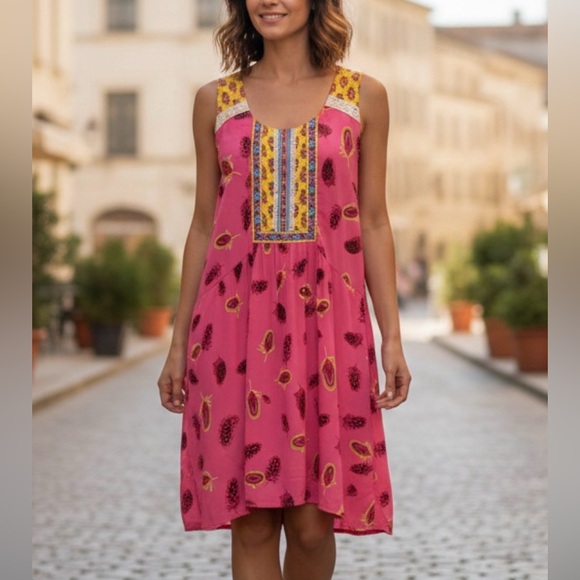 Uncle Frank Dresses & Skirts - Uncle Frank Pink Yellow Floral Midi Dress Small Lace Trim High Low Hem Boho Chic